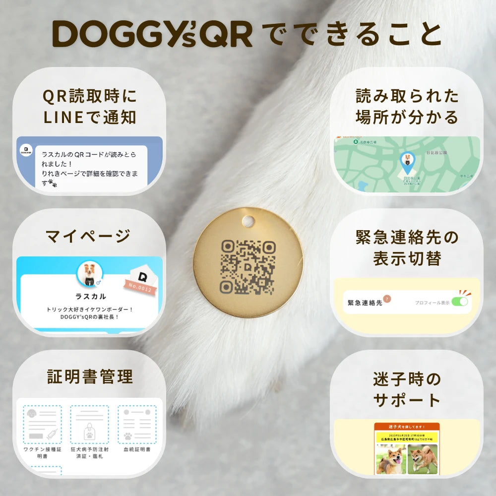 真鍮キーホルダー | QRコード付き犬用迷子札 | アプリ連携